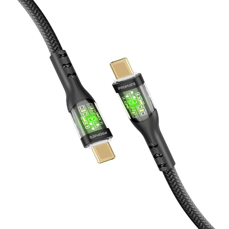 Promate TransLine-CC200 60W Power Delivery Ultra-Fast USB-C Cable with Transparent Shells - Black
